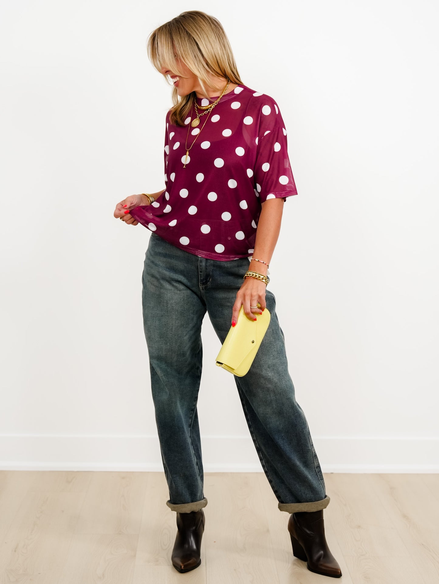 Plus/Reg Polka Dot Short Sleeve Mesh Top
