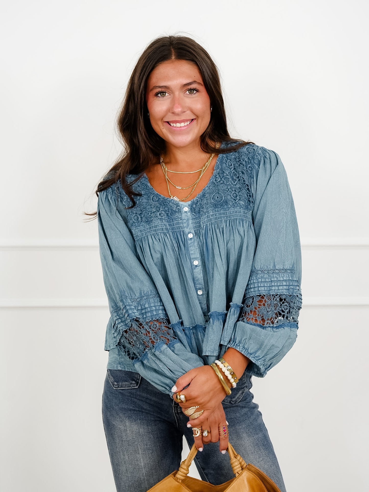 POL Textured Long Sleeve Button Down Blouse