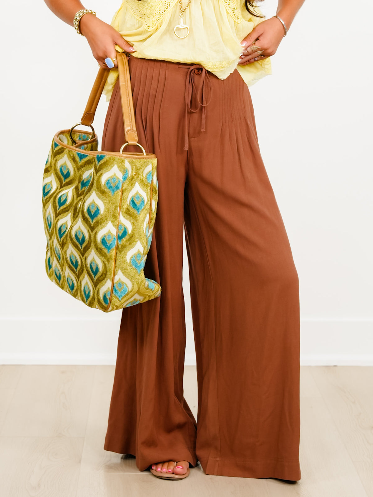 Linen Blend Pleated Elastic Waist Wide Leg Pants