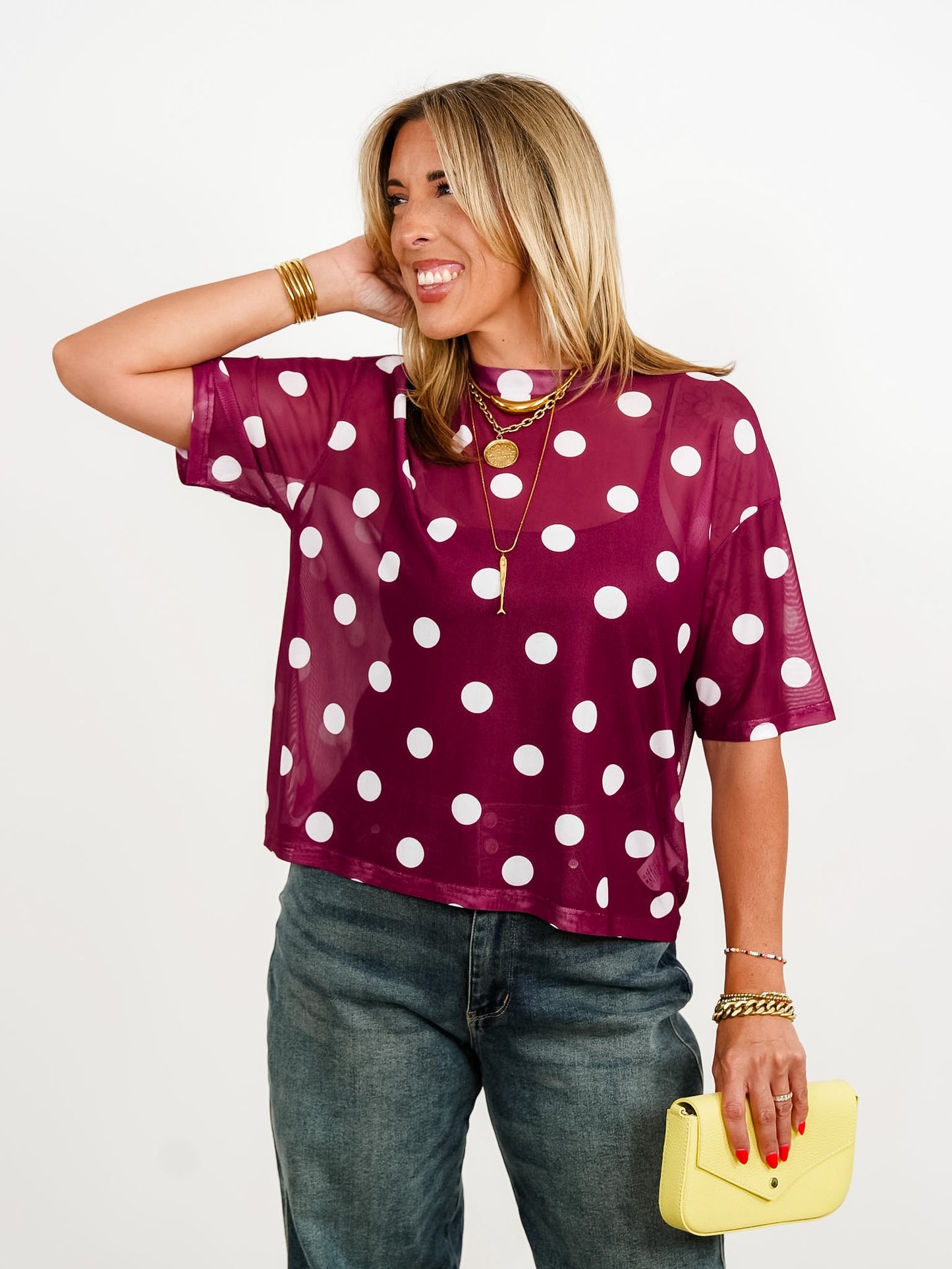 Plus/Reg Polka Dot Short Sleeve Mesh Top