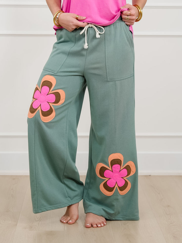 Elastic Waist Wide Leg Pants with Floral Patch