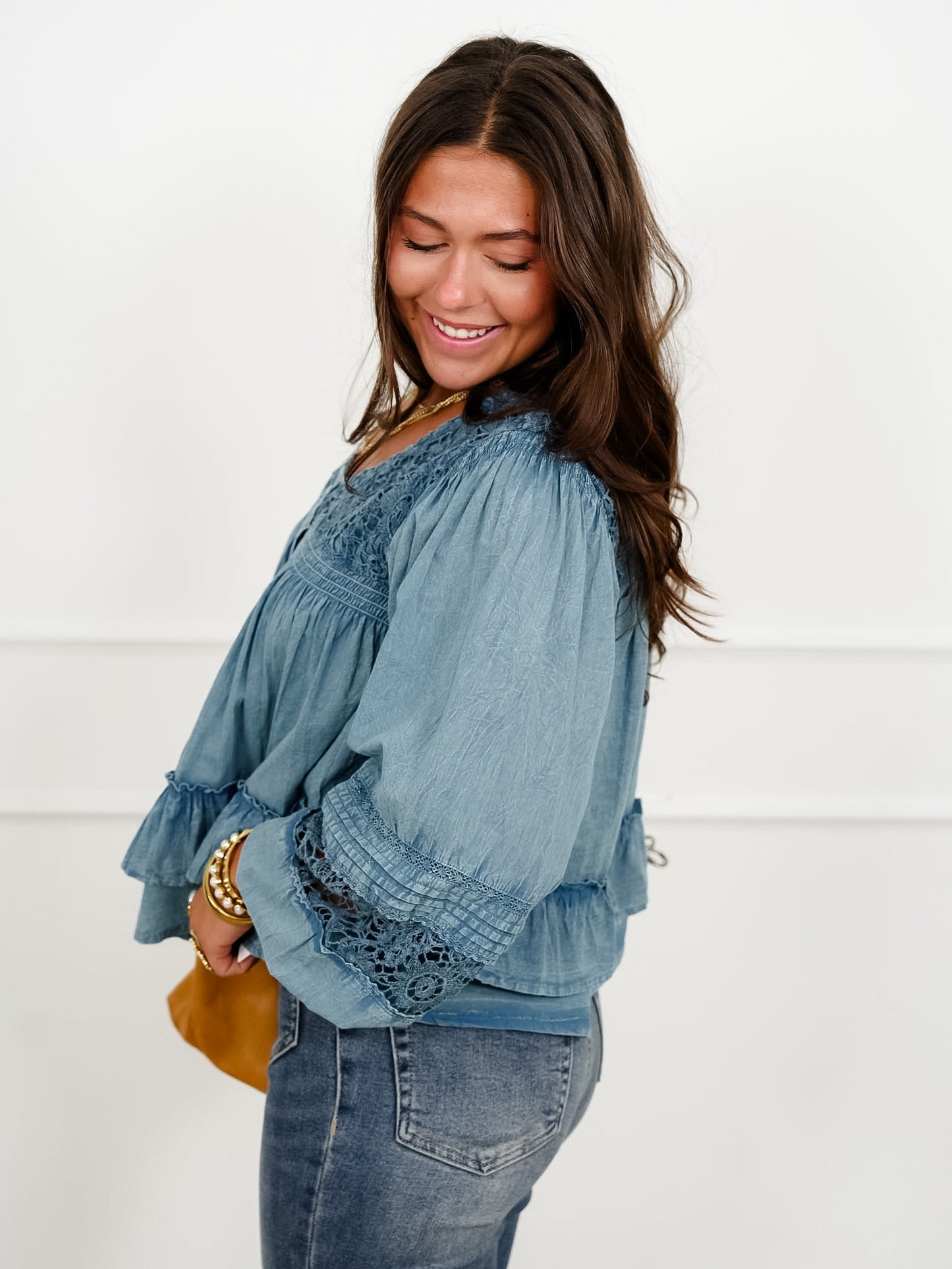 POL Textured Long Sleeve Button Down Blouse