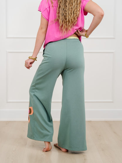 Elastic Waist Wide Leg Pants with Floral Patch