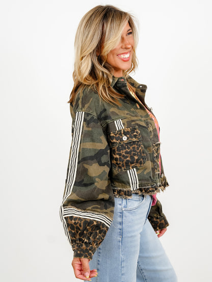 POL Camo and Leopard Print Long Sleeve Jacket
