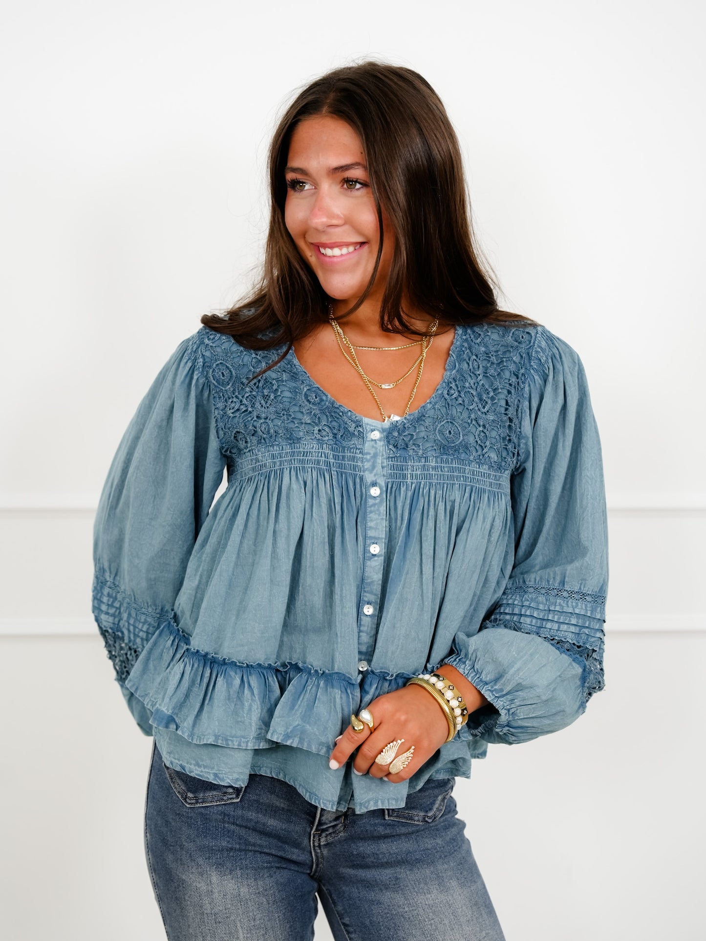 POL Textured Long Sleeve Button Down Blouse