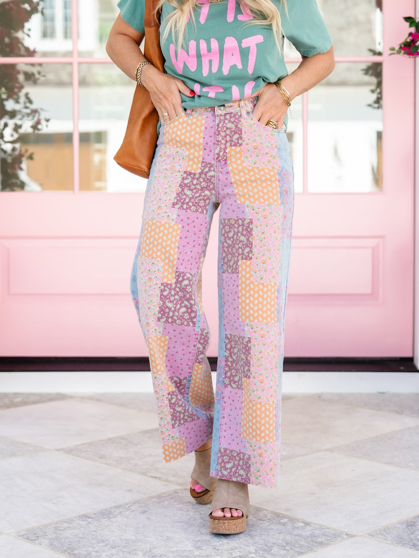 Patchwork Print Straight Leg Cropped Pants