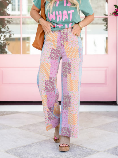 Patchwork Print Straight Leg Cropped Pants