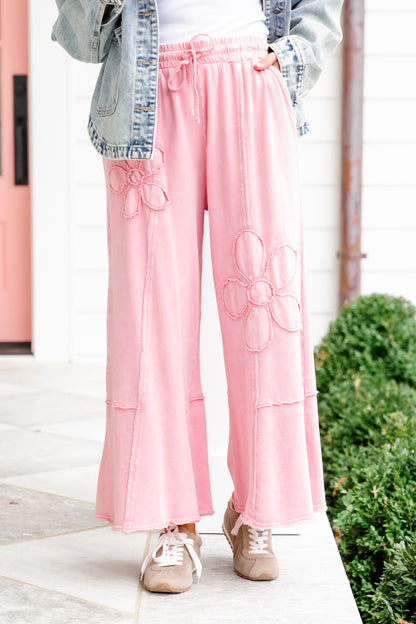 Mineral Wash Elastic Waist Pants with Flower Patch Detail
