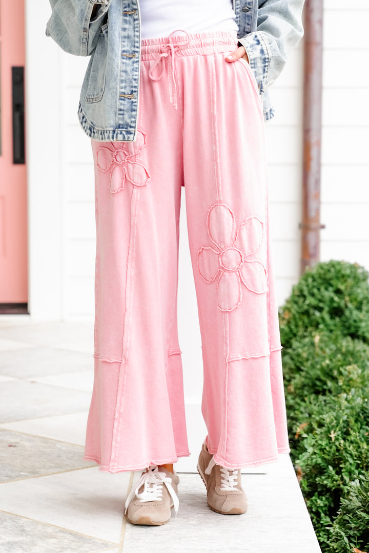 Mineral Wash Elastic Waist Pants with Flower Patch Detail