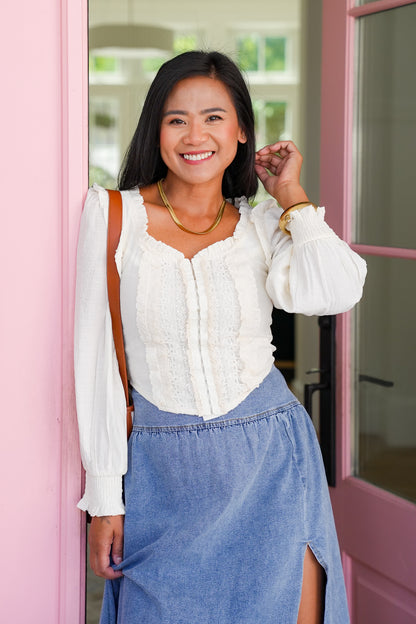 Long Sleeve Scoop Neck Ruffled Corset Blouse with Hook and Eye Closure Detail