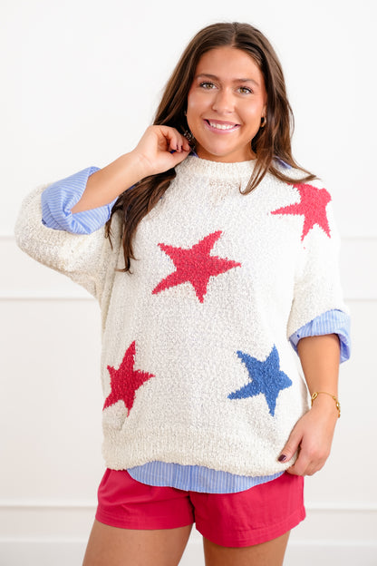 Popcorn Textured Short Sleeve Pullover Sweater with Star Pattern Detail