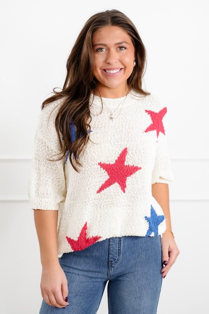 Popcorn Textured Short Sleeve Pullover Sweater with Star Pattern Detail
