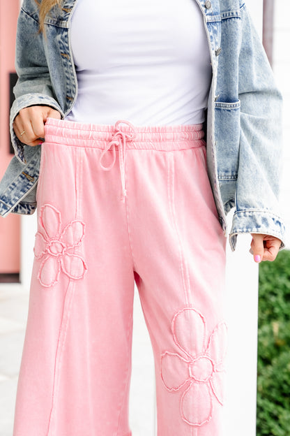 Mineral Wash Elastic Waist Pants with Flower Patch Detail