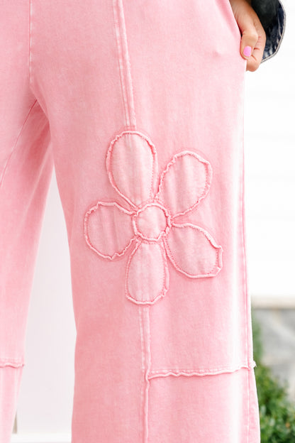 Mineral Wash Elastic Waist Pants with Flower Patch Detail