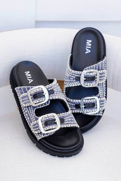 MIA Double Buckle Slide Sandals with Crystal Embellishments