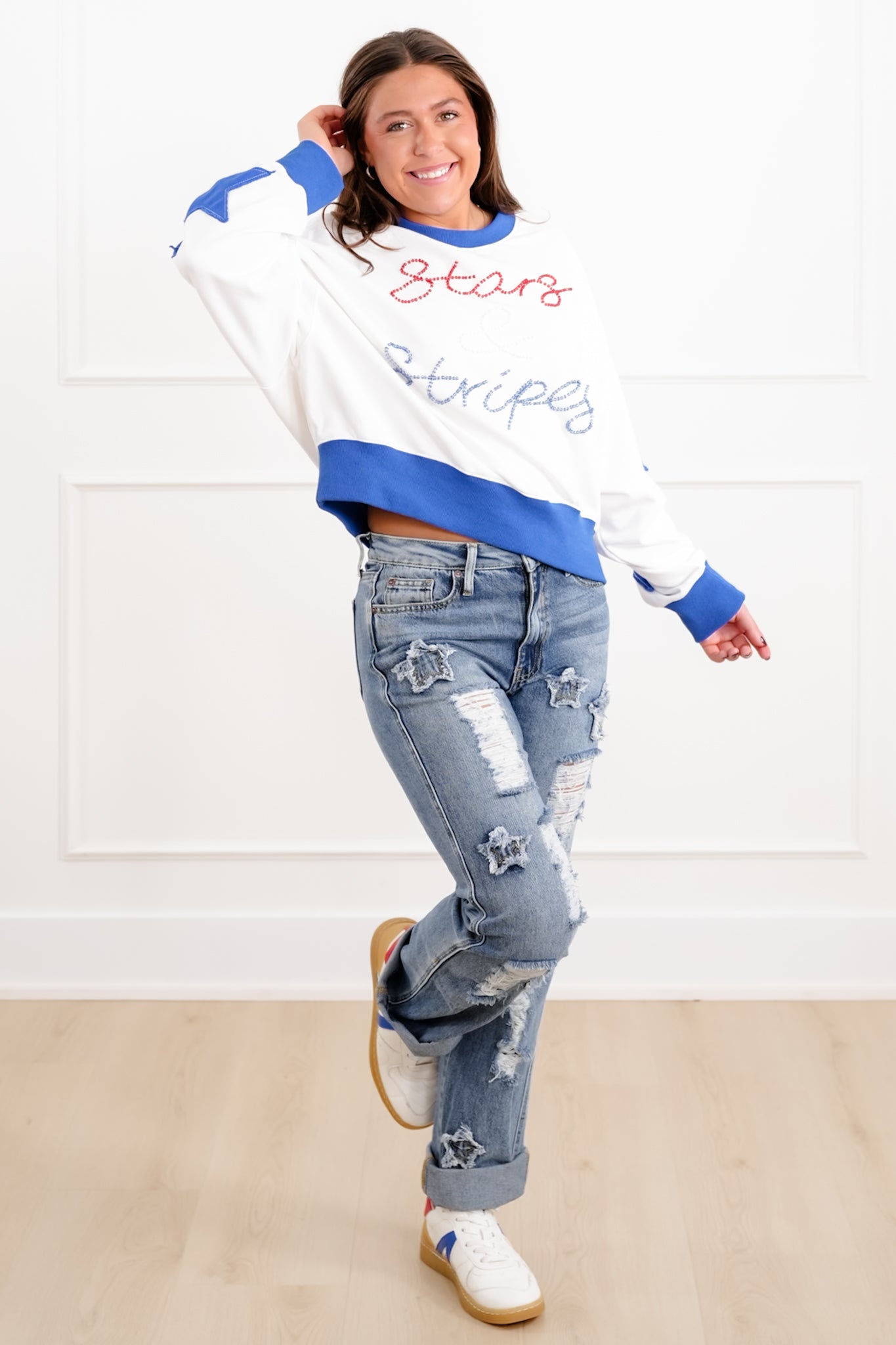 Long Sleeve Sweatshirt with Beaded "Stars And Stripes" Detail