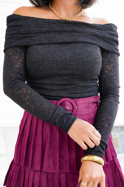 Lace Off Shoulder Long Sleeve Top with Ruched Side
