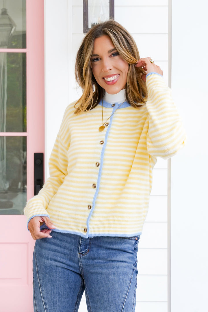 Stripe Long Sleeve Button Down Cardigan with Contrast Trim