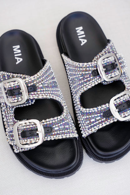 MIA Double Buckle Slide Sandals with Crystal Embellishments