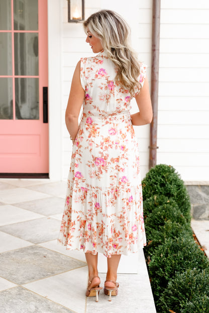 Floral Sleeveless Button Down Tiered Midi Dress