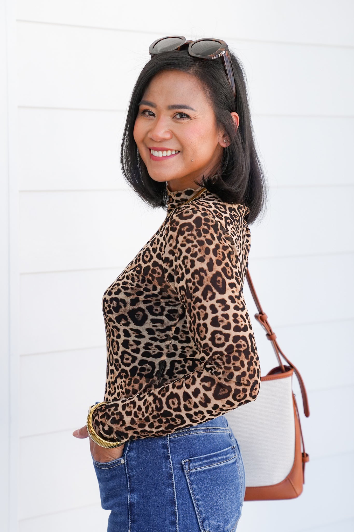 Leopard Mesh Long Sleeve Mock Neck Top