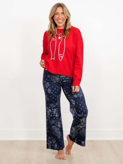 POPPY & PINE Navy Bandana Print Frayed Hem Pants