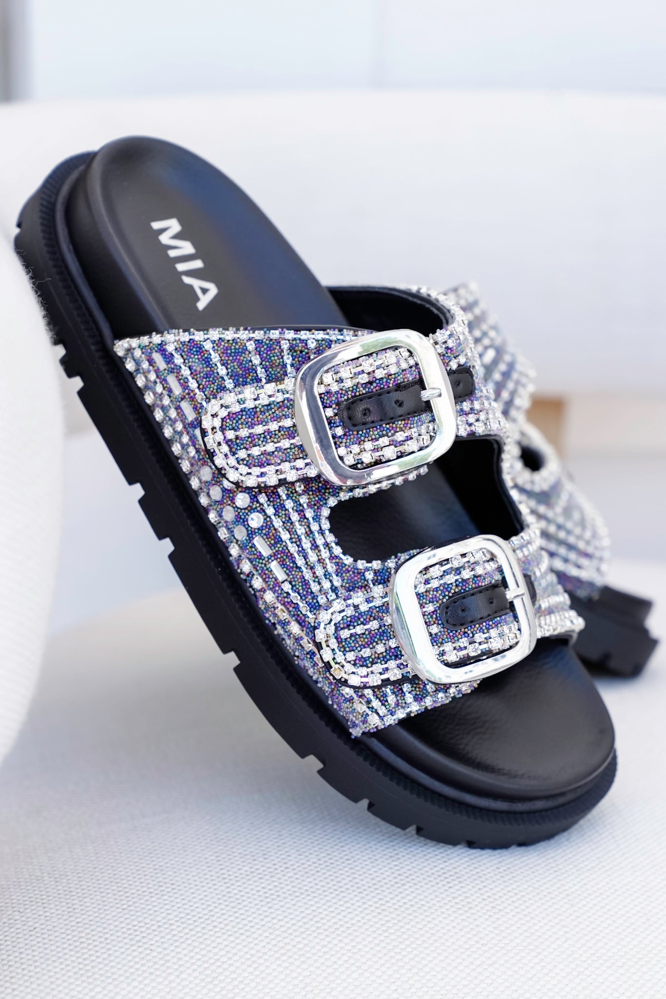MIA Double Buckle Slide Sandals with Crystal Embellishments