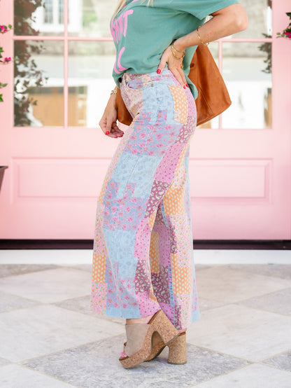 Patchwork Print Straight Leg Cropped Pants