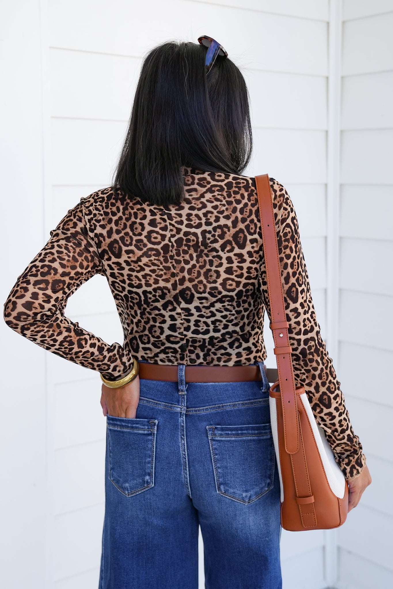 Leopard Mesh Long Sleeve Mock Neck Top