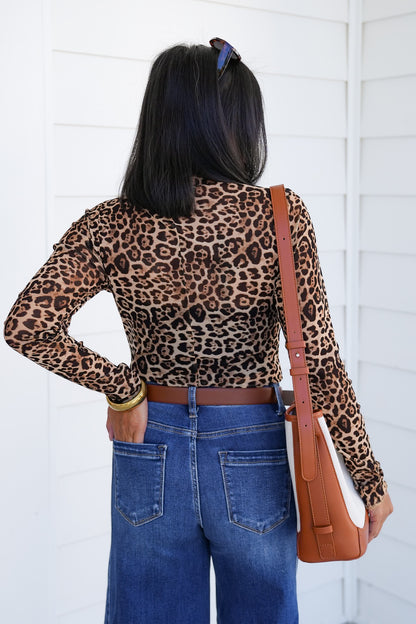 Leopard Mesh Long Sleeve Mock Neck Top