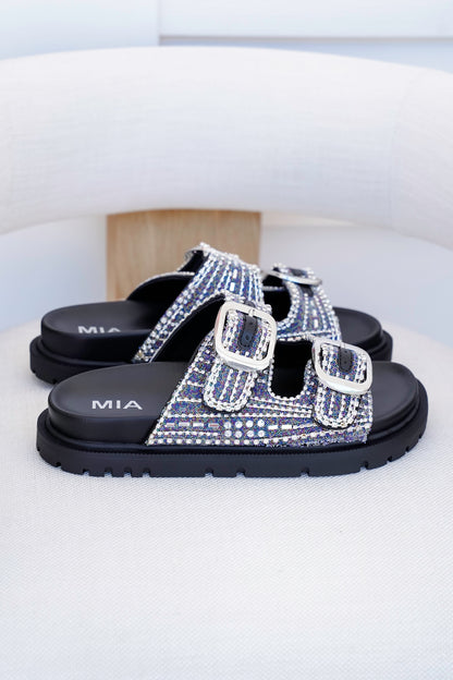 MIA Double Buckle Slide Sandals with Crystal Embellishments