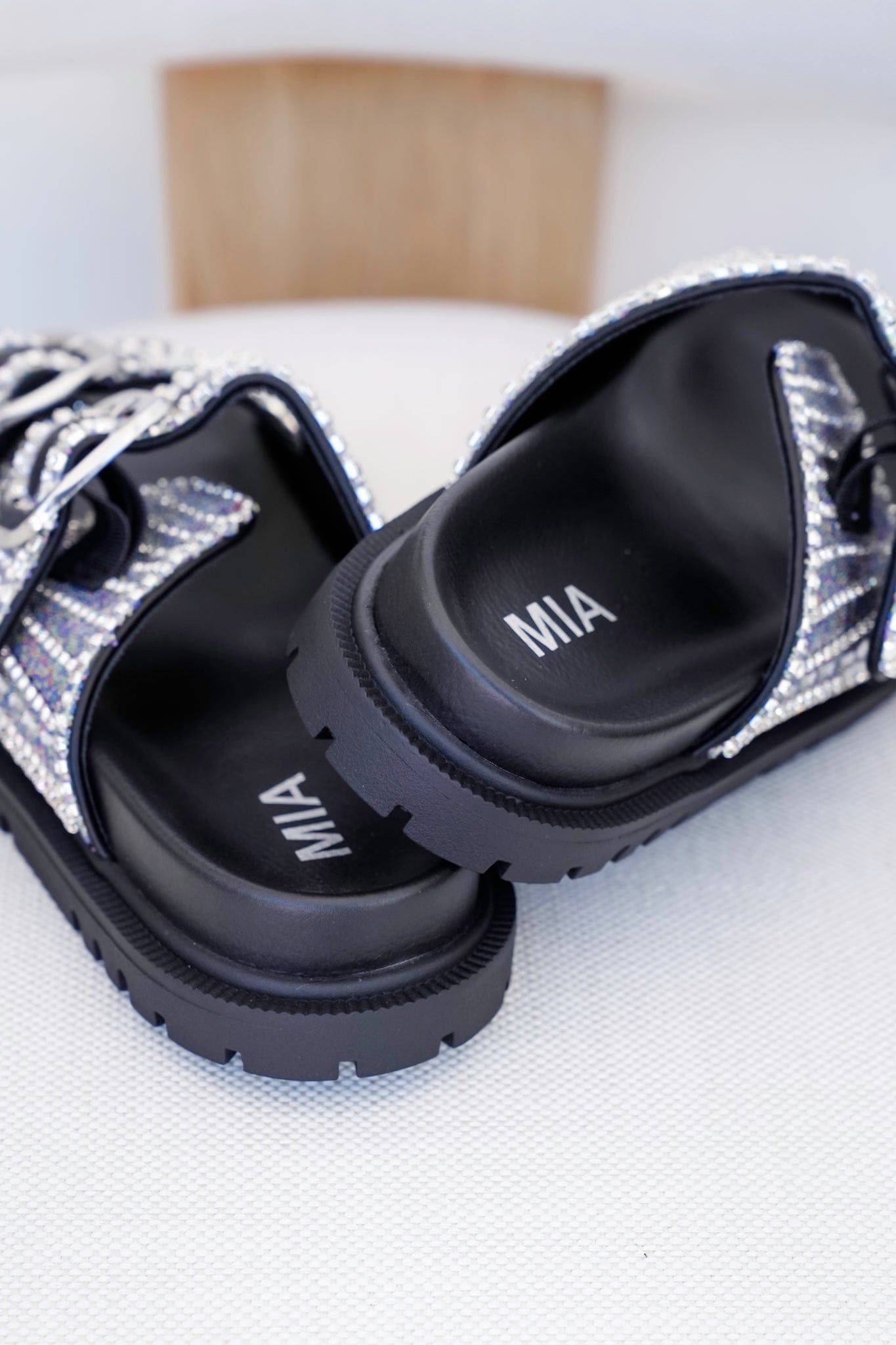 MIA Double Buckle Slide Sandals with Crystal Embellishments