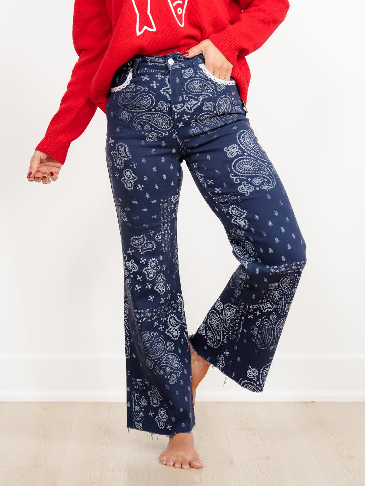 POPPY & PINE Bandana Print Frayed Hem Pants - Freckled Poppy