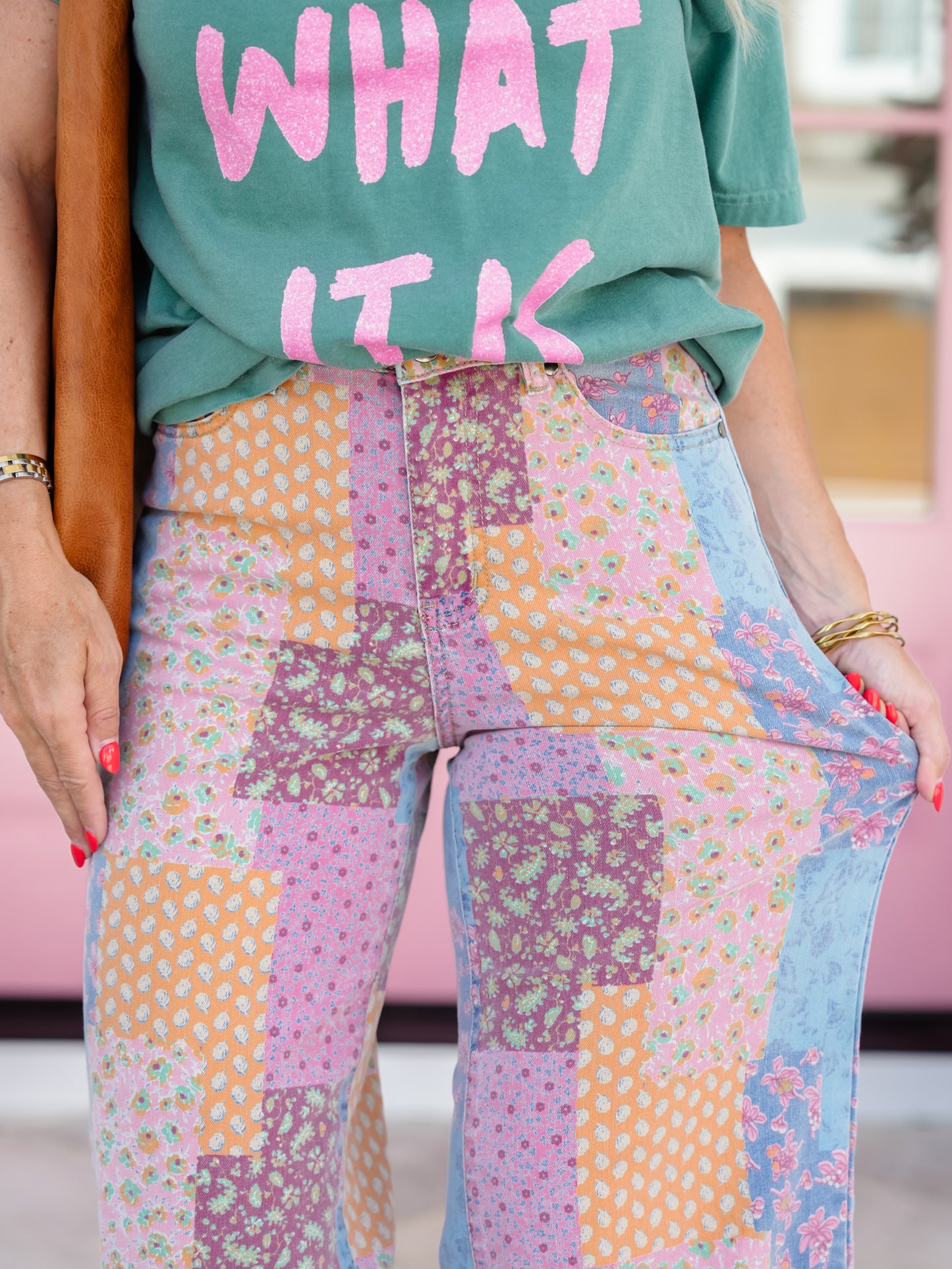 Patchwork Print Straight Leg Cropped Pants
