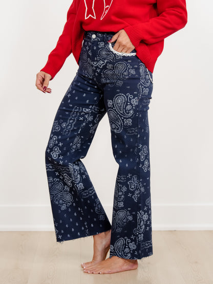 POPPY & PINE Navy Bandana Print Frayed Hem Pants