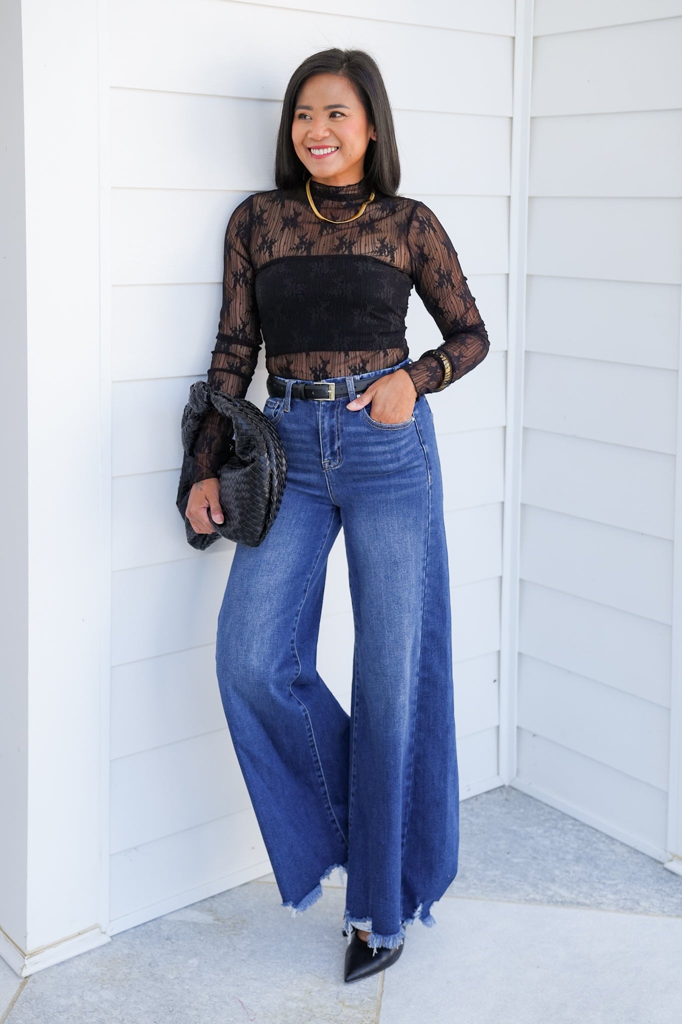Black Floral Mesh Long Sleeve Mock Neck Top