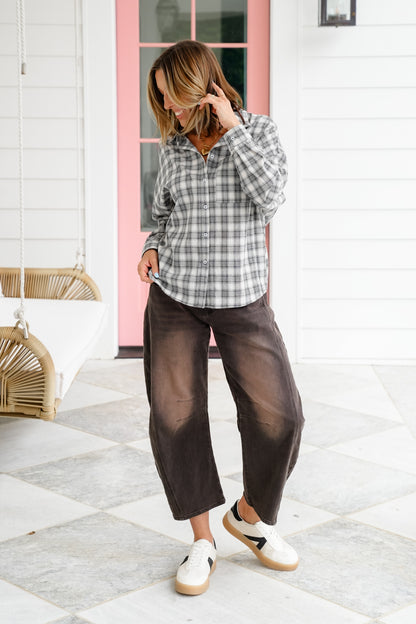Grey Plaid Long Dolman Sleeve Button Down Top