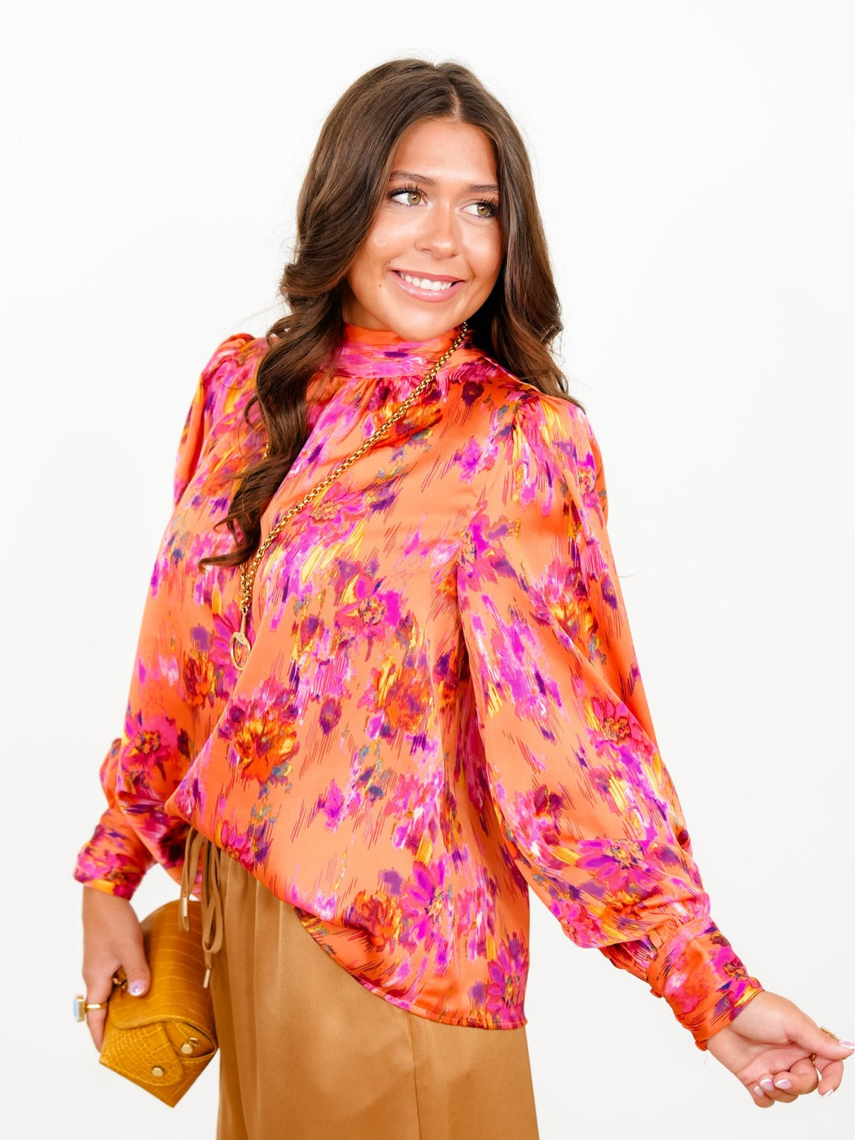 Abstract Print Long Sleeve Mock Neck Top with Bow Tie - Freckled Poppy