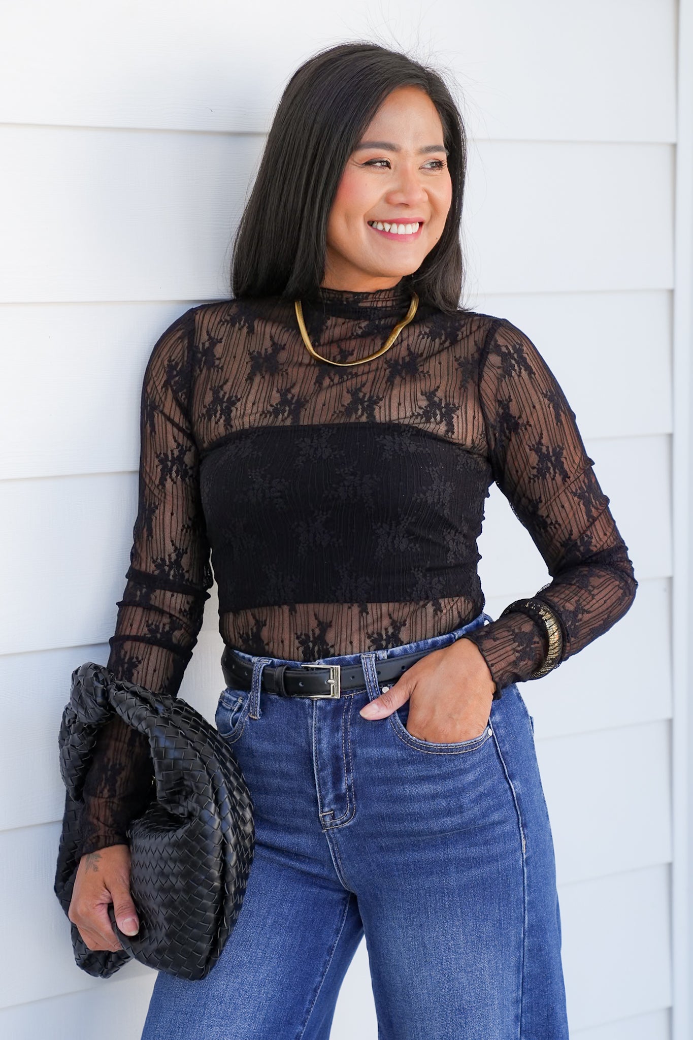 Black Floral Mesh Long Sleeve Mock Neck Top