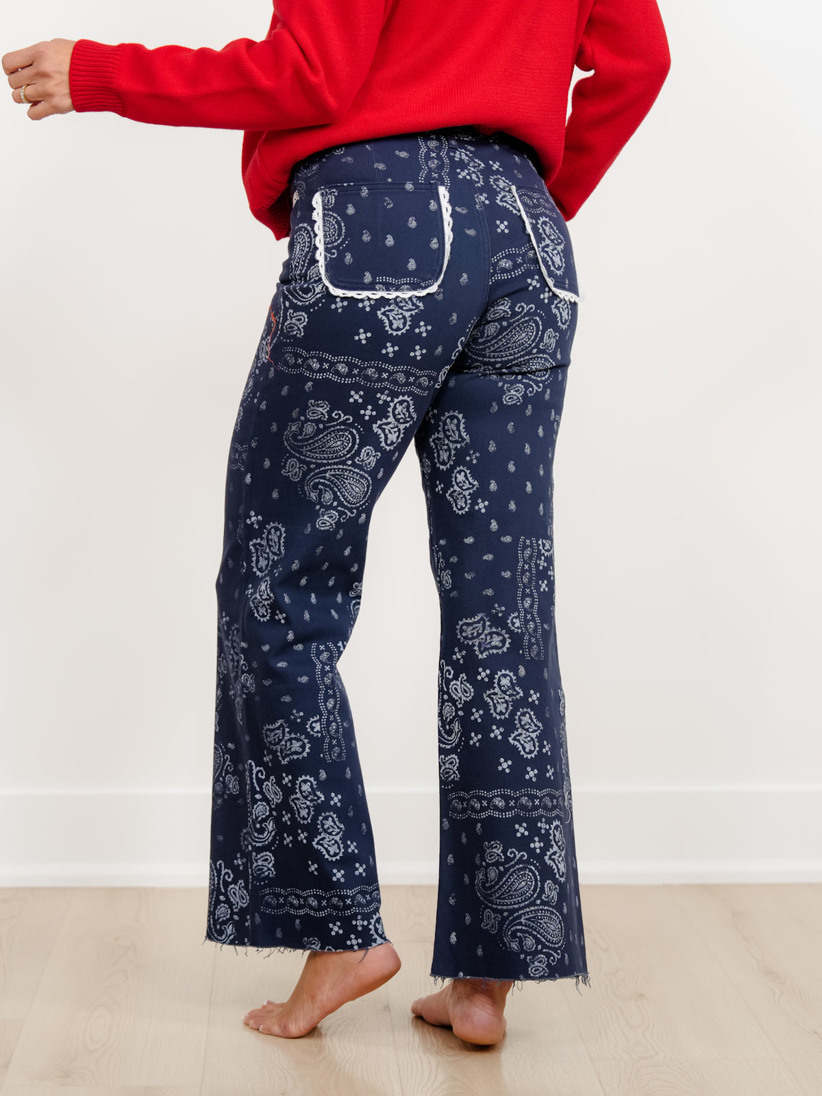 POPPY & PINE Navy Bandana Print Frayed Hem Pants