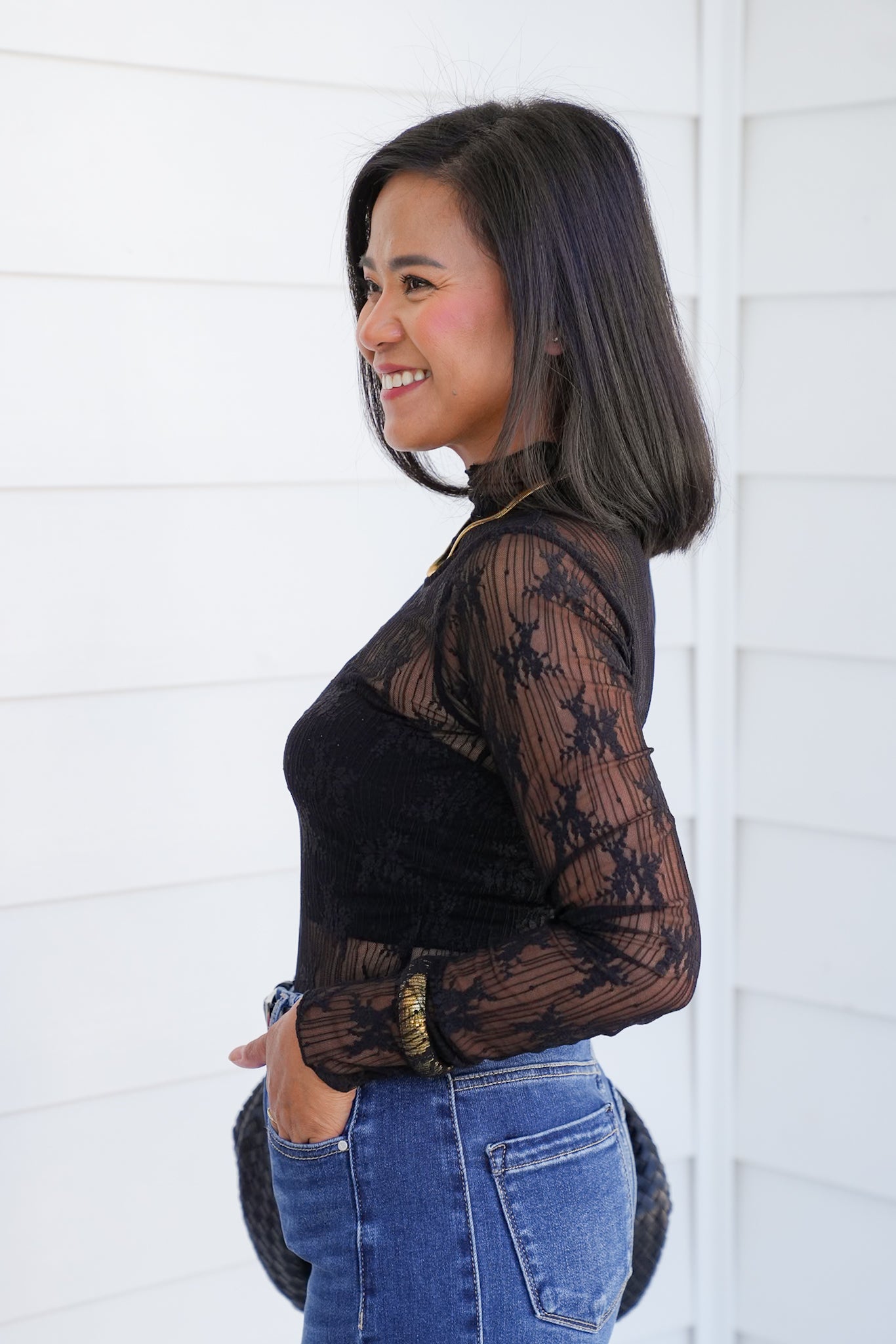 Black Floral Mesh Long Sleeve Mock Neck Top