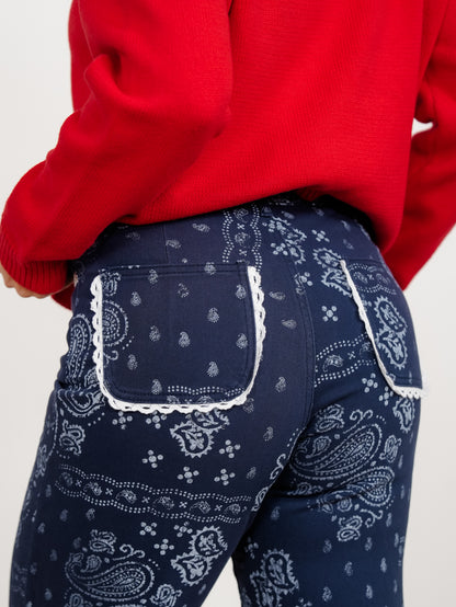 POPPY & PINE Navy Bandana Print Frayed Hem Pants