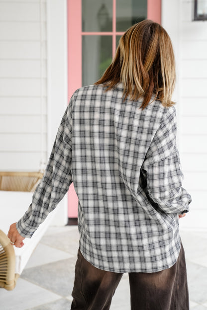 Grey Plaid Long Dolman Sleeve Button Down Top