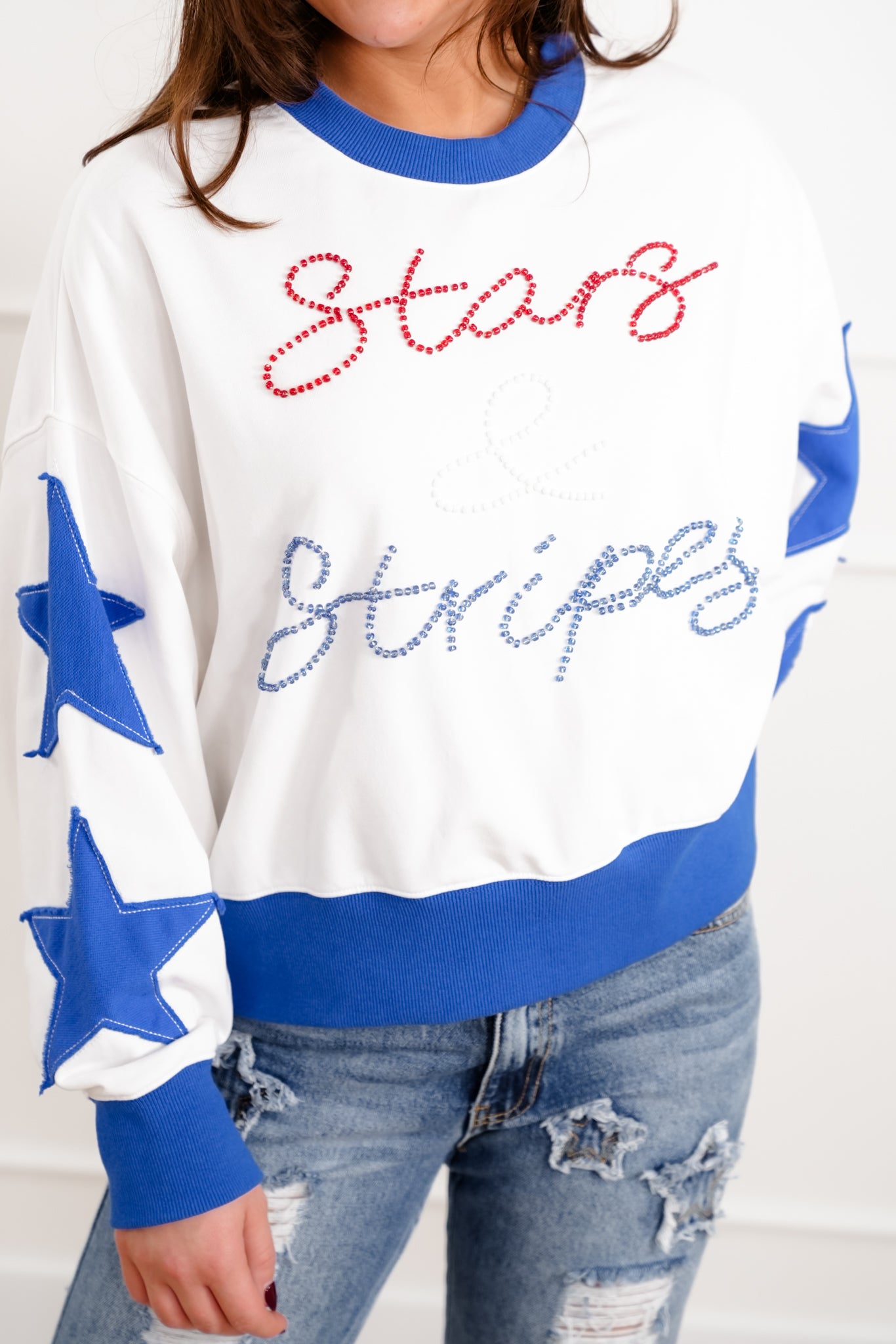 Long Sleeve Sweatshirt with Beaded "Stars And Stripes" Detail