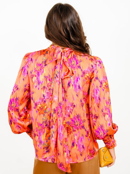 Abstract Print Long Sleeve Mock Neck Top with Bow Tie - Freckled Poppy