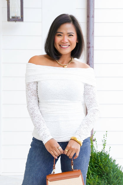 Lace Off Shoulder Long Sleeve Top with Ruched Side