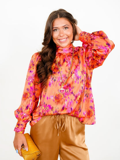 Abstract Print Long Sleeve Mock Neck Top with Bow Tie - Freckled Poppy