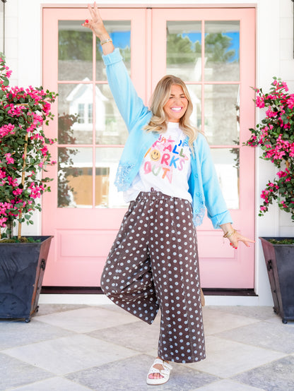 Polka Dot Elastic Waist Wide Leg Cropped Pants