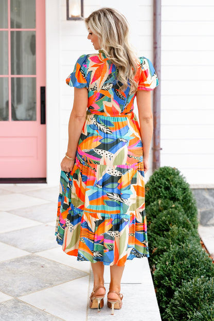Tropical Print Short Bubble Sleeves Midi Dress