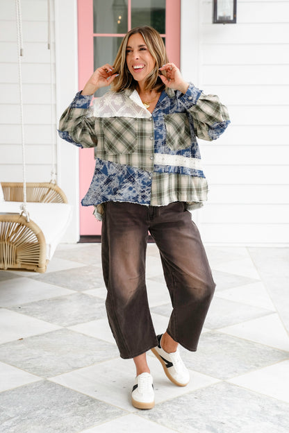POL Plaid and Lace Long Sleeve Button Down Shacket